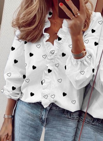 Women's Shirts Heart-shaped Long Sleeve V Neck Ruffle Daily Shirt