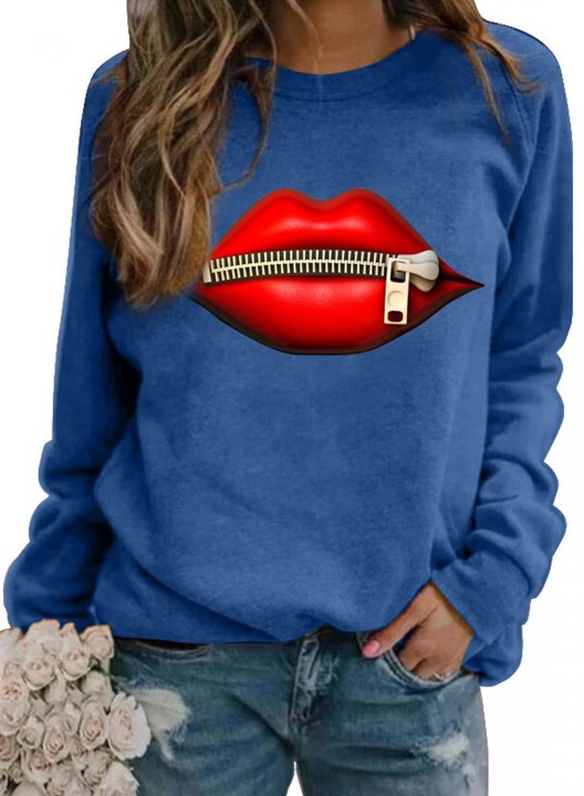 Lips Print Round Neck Long Sleeve Casual Sweatshirt