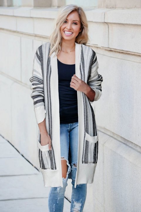 Women's Cardigans Pocketed Cotton Blend Cardigan