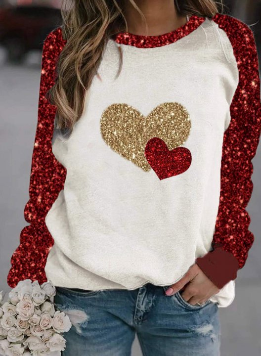 Women's Sequin Heart Print Sweatshirts Round Neck Long Sleeve Color Block Casual Sweatshirts