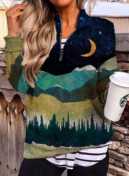 Women's Sweatshirt Casual Color Block Landscape Long Sleeve High Neck Zip Basic Pullovers