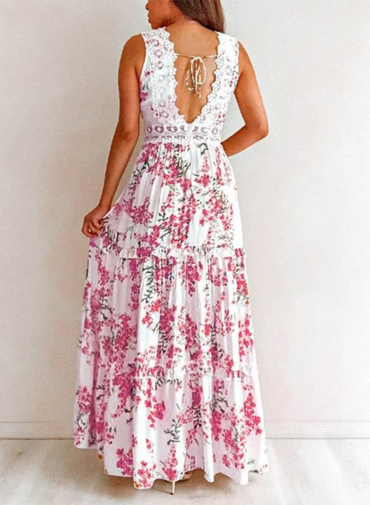 Women's Maxi Dresses Floral Color Block Sleeveless Lace V Neck Vacation Maxi Dress