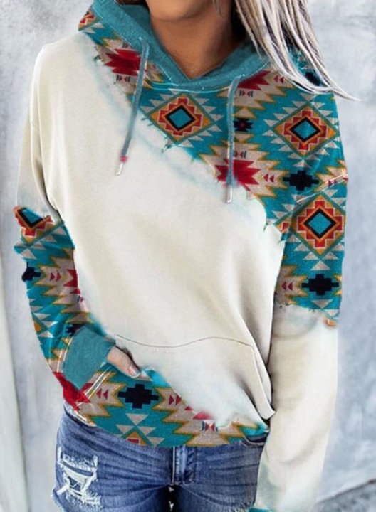 Women's Ethnic Style Geometric Aztec Jacquard Hoodies Drawstring Long Sleeve Color Block Hoodies With Pockets