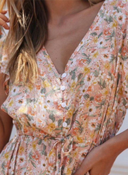 Women's Maxi Dresses Floral Short Sleeve A-line V Neck Button Belt Boho Beach Maxi Dress
