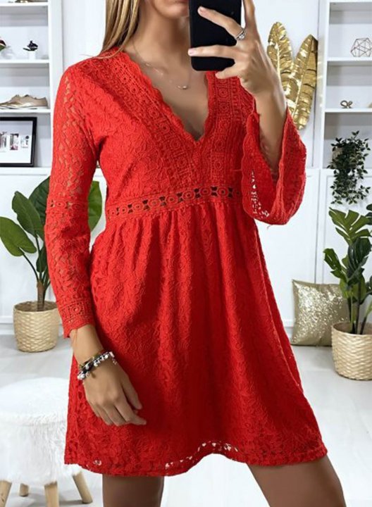 Women's Mini Dress Solid Floral Lace Fit & Flare Long Sleeve V Neck Summer Daily Mini Dress