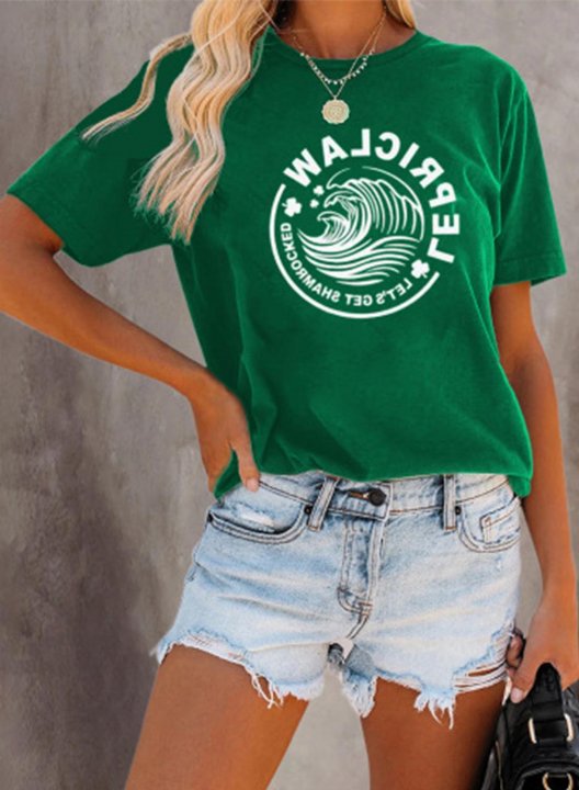 Women's T-shirts Letter Color Block Round Neck Short Sleeve Casual Daily Summer T-shirts