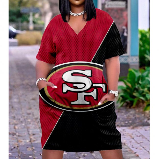 Women's San Francisco 49ers Team Fan Print Pocket Short-sleeved V-Neck Casual Knitted Cotton Dress