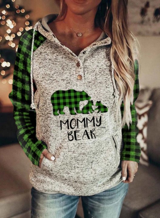 Women's Hooded Mommy Bear Plaid Sleeve Pocket Hoodie