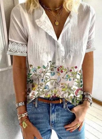 Women's Blouses Floral Short Sleeve V Neck Vacation Lace Blouse