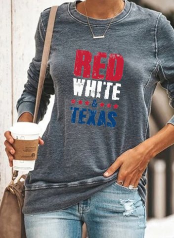 Women's T-shirts Letter Red White & Texas Print Color Block Print Long Sleeve Round Neck Daily T-shirt