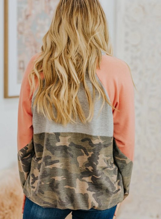 Camouflage Stand Neck Long Sleeve Color Block Sweatshirt