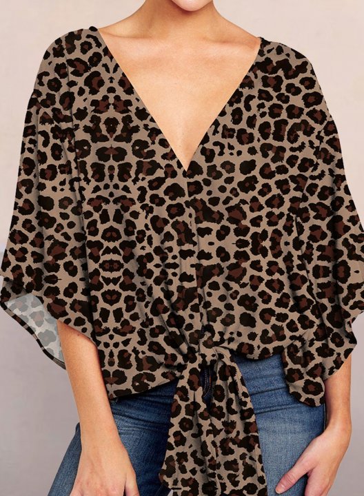 Women's Blouses Leopard Half Sleeve V Neck Knot Vintage Blouse