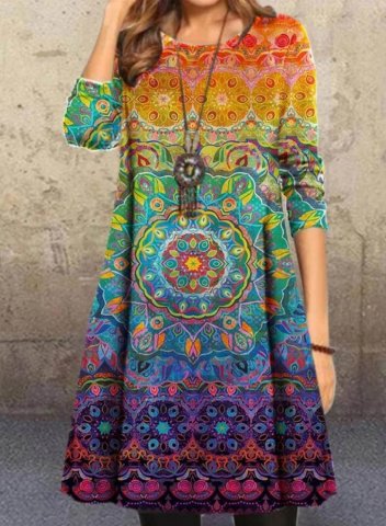 Women's Midi Dresses Tribal Multicolor Long Sleeve Fit Flare Round Neck Dress