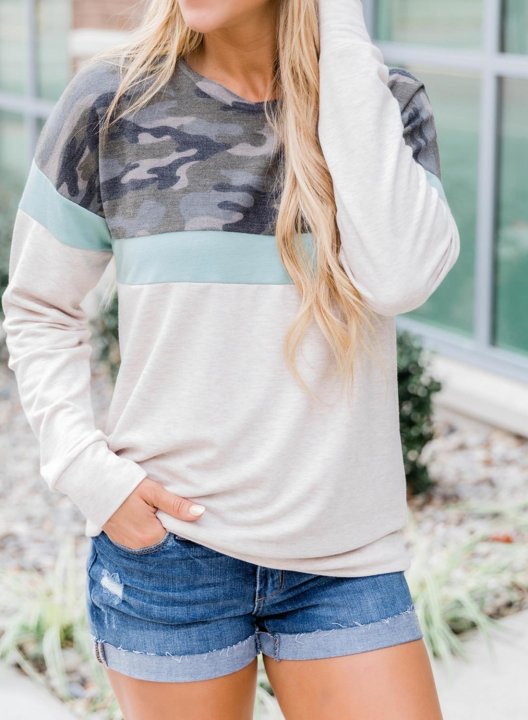 Camouflage/Color Block Long Sleeve Round Neck Basic Sweatshirt