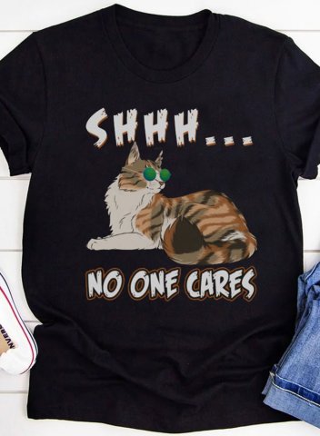 Women's Funny T-shirt - Shhh No One Cares T-shirts Casual Letter Cat Print Solid Round Neck Short Sleeve Daily T-shirts