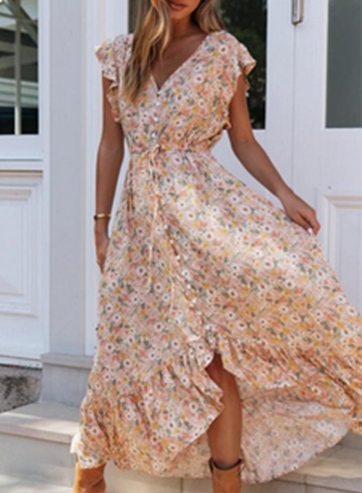 Women's Maxi Dresses Floral Short Sleeve A-line V Neck Button Belt Boho Beach Maxi Dress