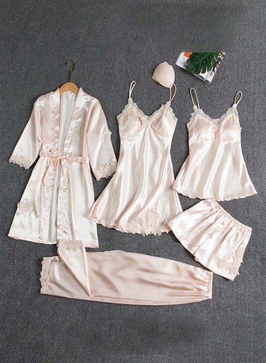 Women's Loungewear Sets Solid Floral Lace 4-Piece Loungewear Set