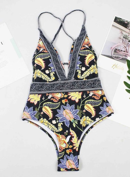 Women's One Piece Swimwear Floral V Neck Criss Cross Open Back Vacation Casual One-Piece Swimsuits One-Piece Bathing Suits