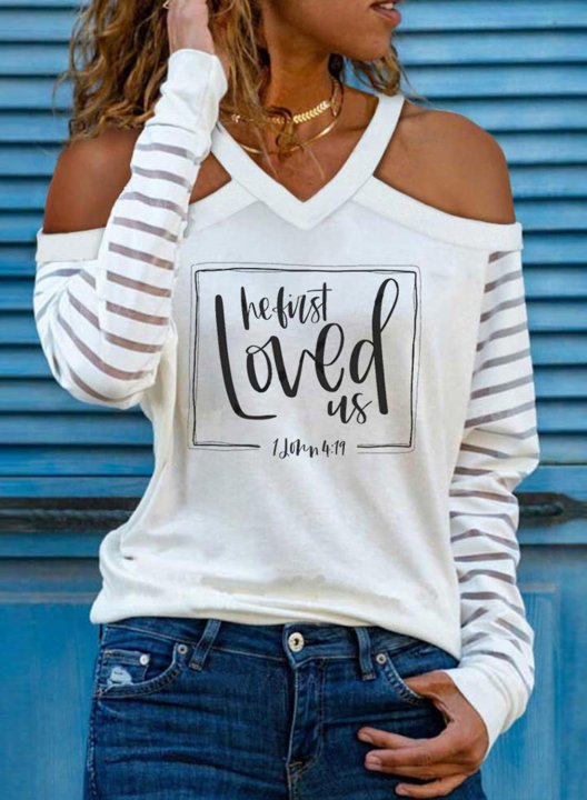 Women's Sweatshirt Letter Cold Shoulder Striped Long Sleeve V Neck Casual Pullovers