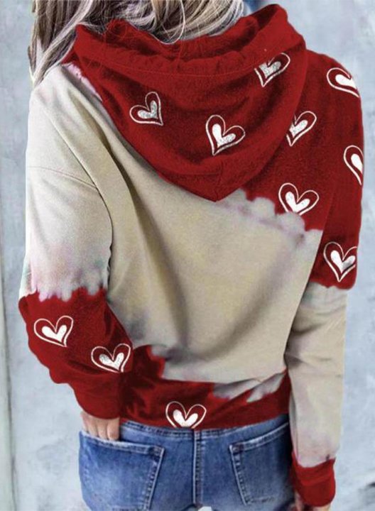 Women's Hoodies Heart-shaped Drawstring Color Block Pocket Long Sleeve Casual Hoodies