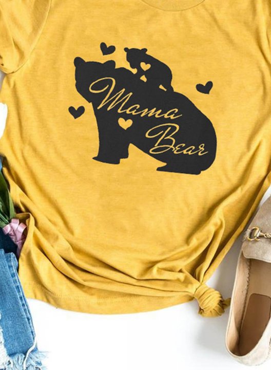 Women's T-shirts Casual Mama Bear Print Color Block Round Neck Short Sleeve Daily T-shirts