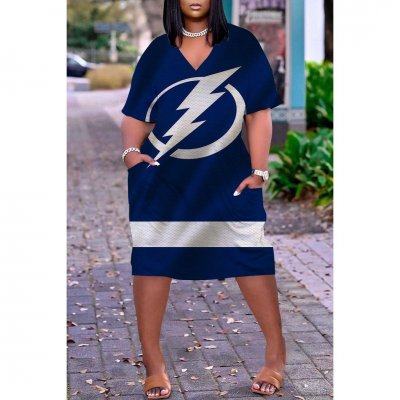 Tampa Bay Lightning Print Fashion Casual V Neck Short Sleeve Dress