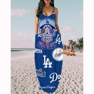 Women's Los Angeles Dodgers Baseball Team Print Sling Pocket Sleeveless Loose Holiday Style Long Dress