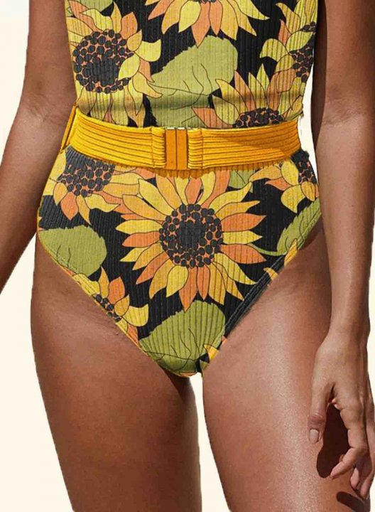 Women's One-Piece Swimsuits One-Piece Bathing Suits Belt Sunflower-prints U Neck Vintage One-Piece Swimsuit