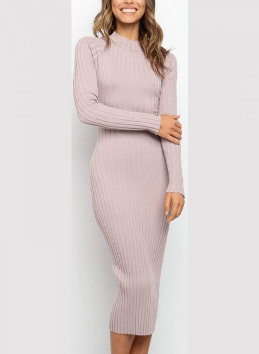 Women's Dress Crew Neck Long Sleeve Bodycon Solid Open-back Dress