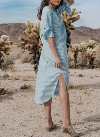Women's Midi Dresses Split Ruffle Shift Striped Half Sleeve V Neck Daily Casual Midi Dress