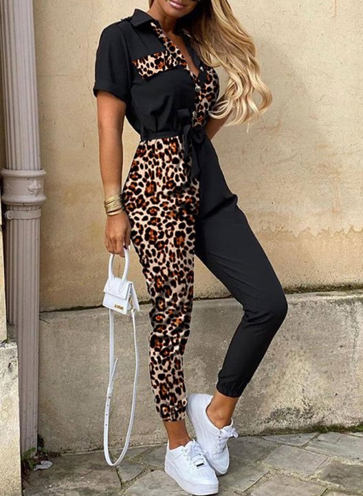 Women's Jumpsuits Leopard Color Block High Waist Pocket Vintage Jumpsuits