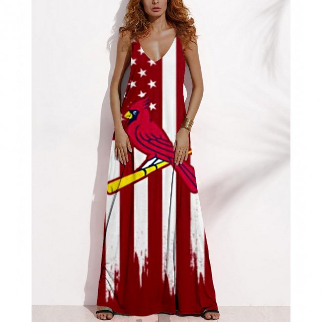 Women's Summer ST. LOUIS CARDINALS Fan Print V-neck Sleeveless Loose Long A-line Dress