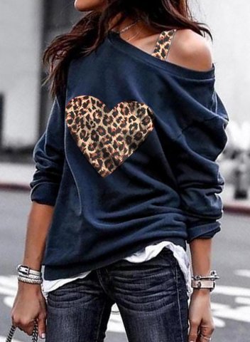 Women's Sweatshirt Leopard Heart Long Sleeve Asymmetrical Cold Shoulder Pullover
