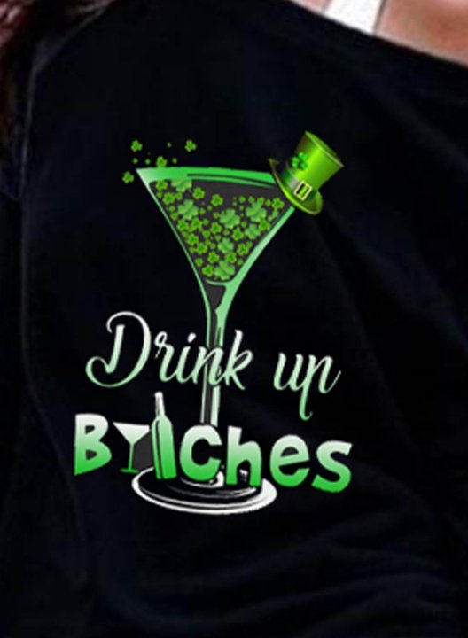 Women's St Patrick's Day Sweatshirt Drink up Bitches Funny Print Cold Shoulder Long Sleeve Casual Daily Pullovers