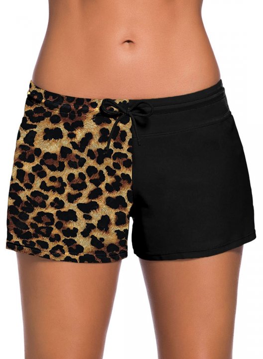 Women's Swim Shorts Leopard Mid Waist Knot Swim Shorts