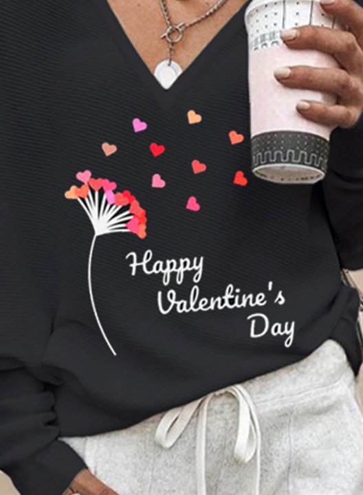 Women's Happy Valentine's Day Heart Print Sweatshirt Casual Letter Solid V Neck Long Sleeve Daily Sweatshirt