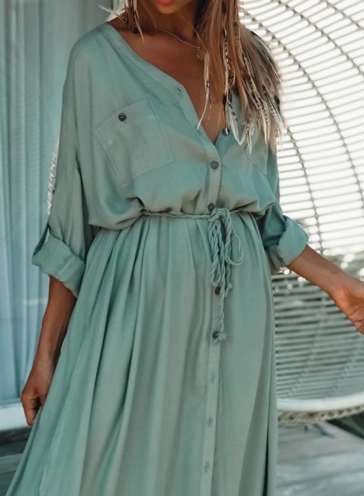 Women's Maxi Dress Solid Shift Button Pocket 3/4 Sleeve V Neck Casual Beach Maxi Dress