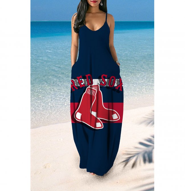 Small V-neck Boston Red Sox Team Print Sleeveless Sling Long Loose Dress