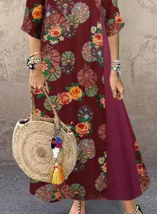 Women's Linen Maxi Dresses Floral Multicolor 3/4 Sleeve Round Neck Boho Vintage Maxi Dress