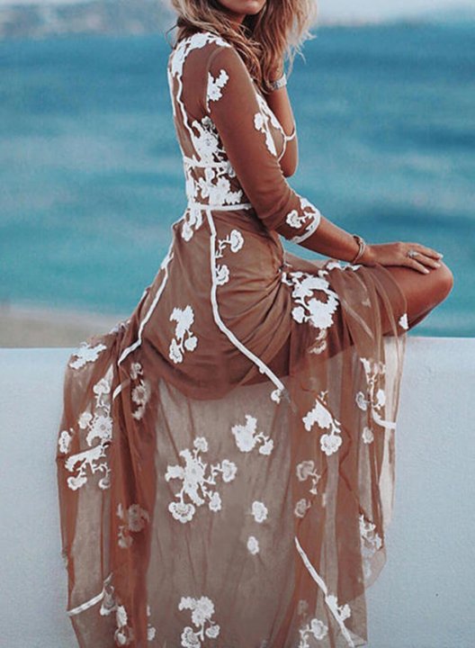 Women's Maxi Dresses Embroidery A-line Floral 3/4 Sleeve V Neck Daily Beach Maxi Dress