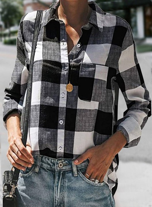 Women's Shirts Plaid Color Block Casual Turn Down Collar Long Sleeve Basic Shirts