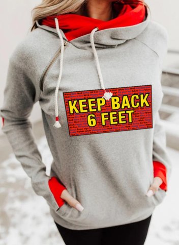 Women's Keep Back 6 Feet Print Hoodies Letter Color Block Long Sleeve Daily Pocket Hoodie