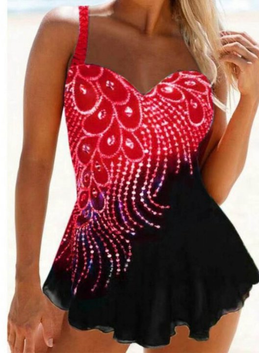 Women's Tankinis Padded Floral Mid Waist Round Neck Beach Tankini