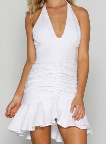 Women's Dress Solid Sleeveless Ruffle Knot Bodycon Drawstring V Neck Party Vacation Date Mini Dress