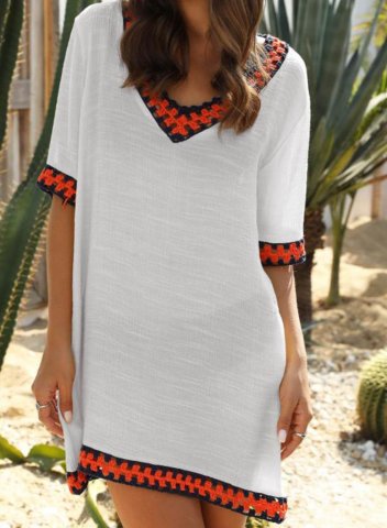 Women's Mini Dress Geometric Color Block Embroidery A-line Half Sleeve V Neck Boho Beach Mini Dress