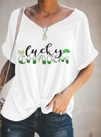 Women's St Patrick's Day T-shirts Letter Lucky Charm Print Short Sleeve V Neck Daily T-shirt
