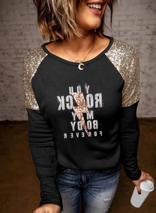 Women's Sweatshirts Letter Sequin Long Sleeve Round Neck Casual Sweatshirt