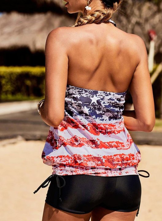 Women's Tankinis American Flag Open Back Knot Tankini