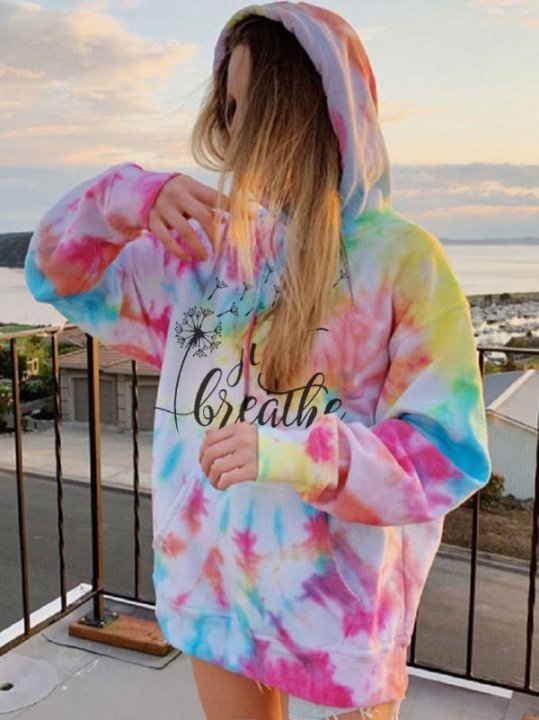 Just Breathe Dandelion Print Tie-Dye Hooded Sweatshirt