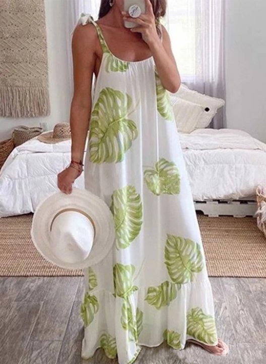 Women's Maxi Dresses Leaf Spaghetti Ruffle Knot U Neck Dress